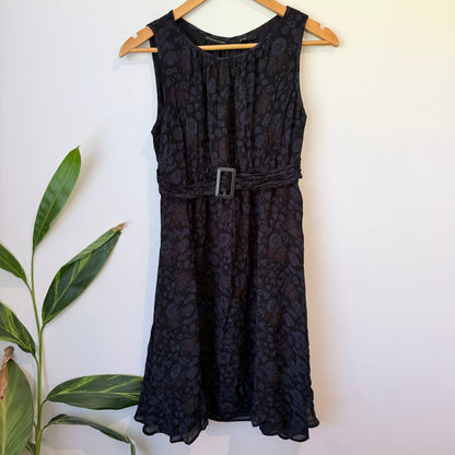 Cue Navy Leaf Print Belted Sleeveless Dress Size 10