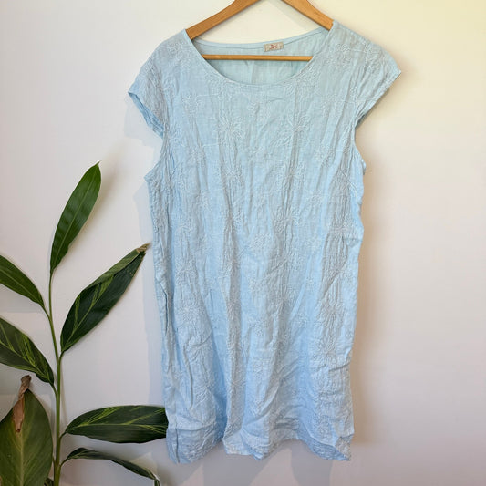 Natural Pale Blue Linen Embroidered Shift Dress Size U/Arm to U/Arm 52cm