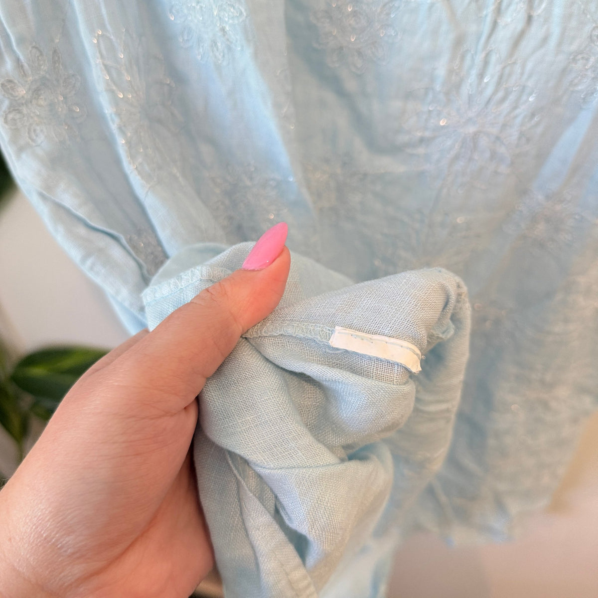 Natural Pale Blue Linen Embroidered Shift Dress Size U/Arm to U/Arm 52cm