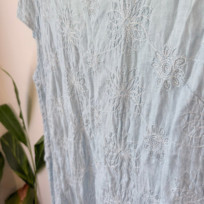 Natural Pale Blue Linen Embroidered Shift Dress Size U/Arm to U/Arm 52cm