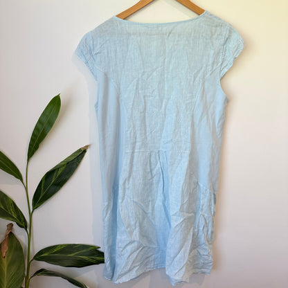 Natural Pale Blue Linen Embroidered Shift Dress Size U/Arm to U/Arm 52cm