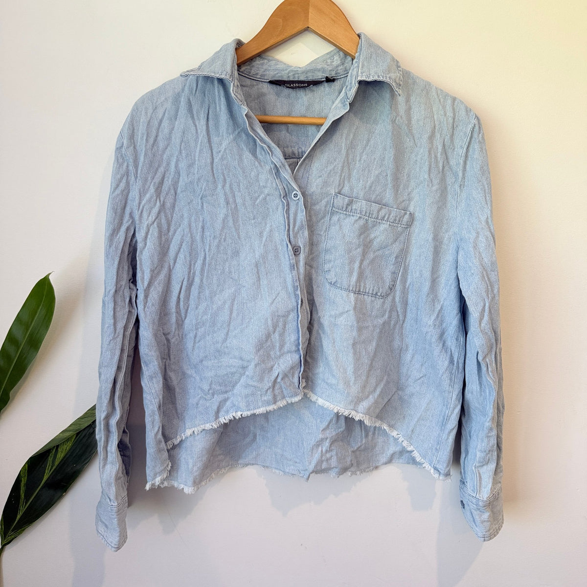 Glassons Light Chambray Cropped Raw Hem Shirt Size 8