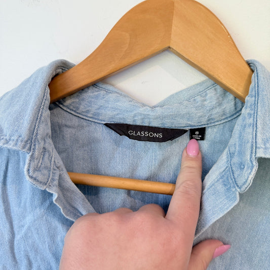 Glassons Light Chambray Cropped Raw Hem Shirt Size 8