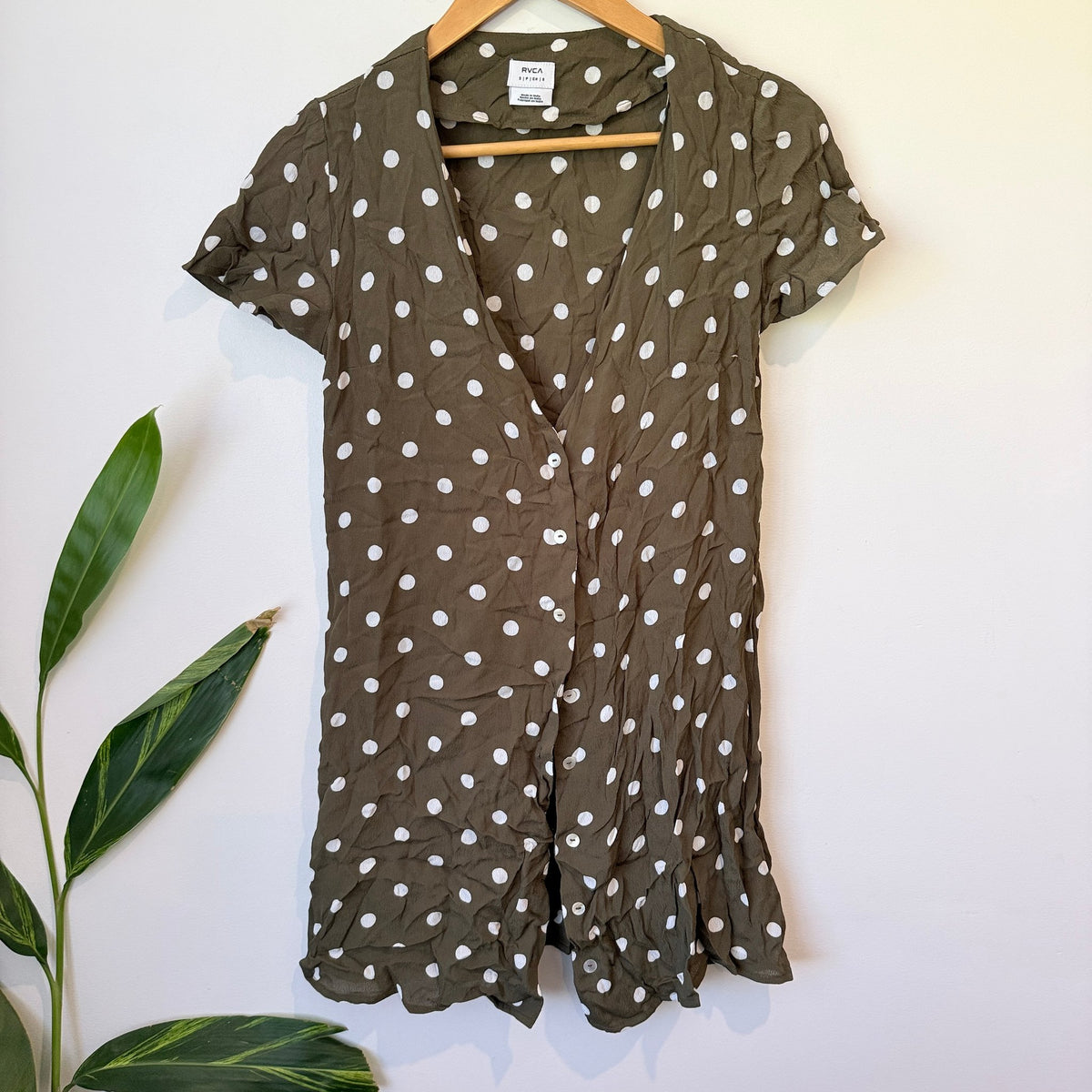 RVCA Olive Polka Dot Button Front Playsuit Size S