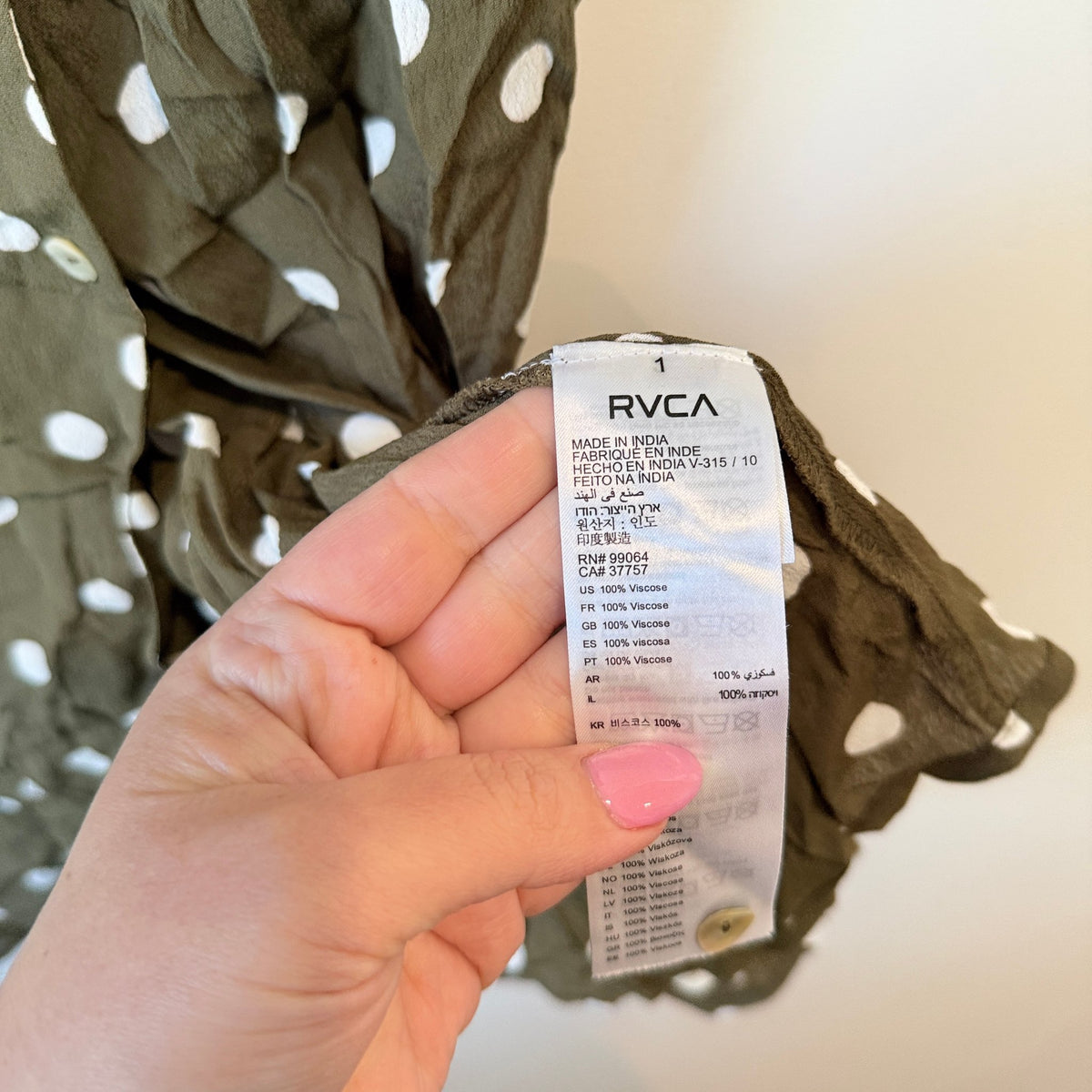RVCA Olive Polka Dot Button Front Playsuit Size S
