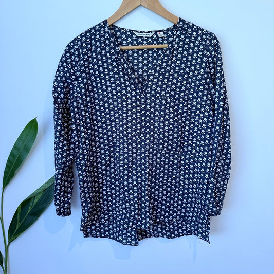 Country Road Navy Tulip Print Long Sleeve Blouse Size XXS