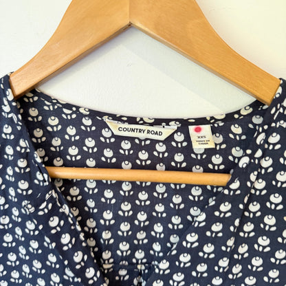 Country Road Navy Tulip Print Long Sleeve Blouse Size XXS