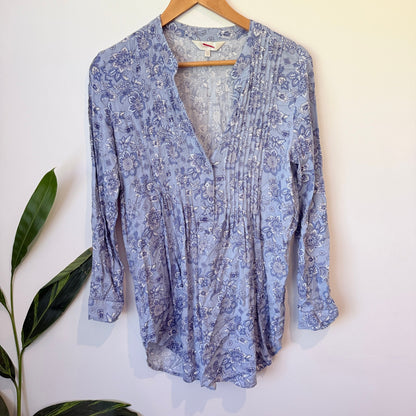 Blue Floral Print Pintuck Tunic Blouse Size 10