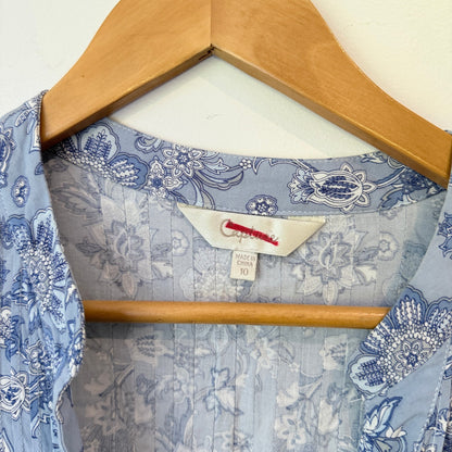 Blue Floral Print Pintuck Tunic Blouse Size 10