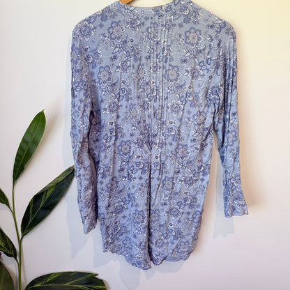 Blue Floral Print Pintuck Tunic Blouse Size 10