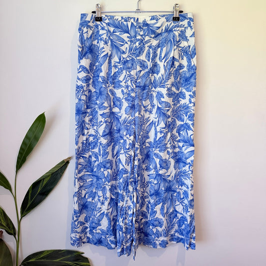 Anko Blue & White Floral Linen Blend Wide Leg Pants Size 12
