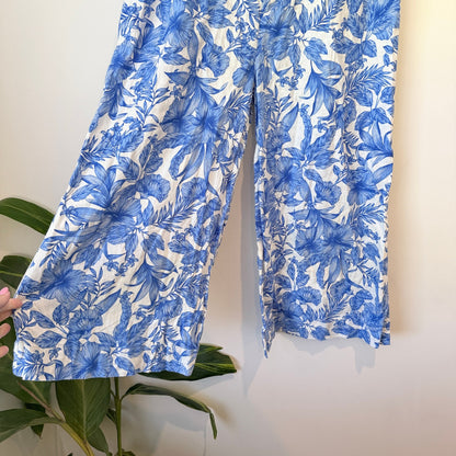 Anko Blue & White Floral Linen Blend Wide Leg Pants Size 12