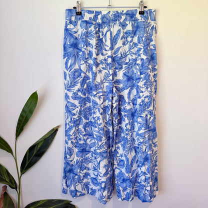Anko Blue & White Floral Linen Blend Wide Leg Pants Size 12