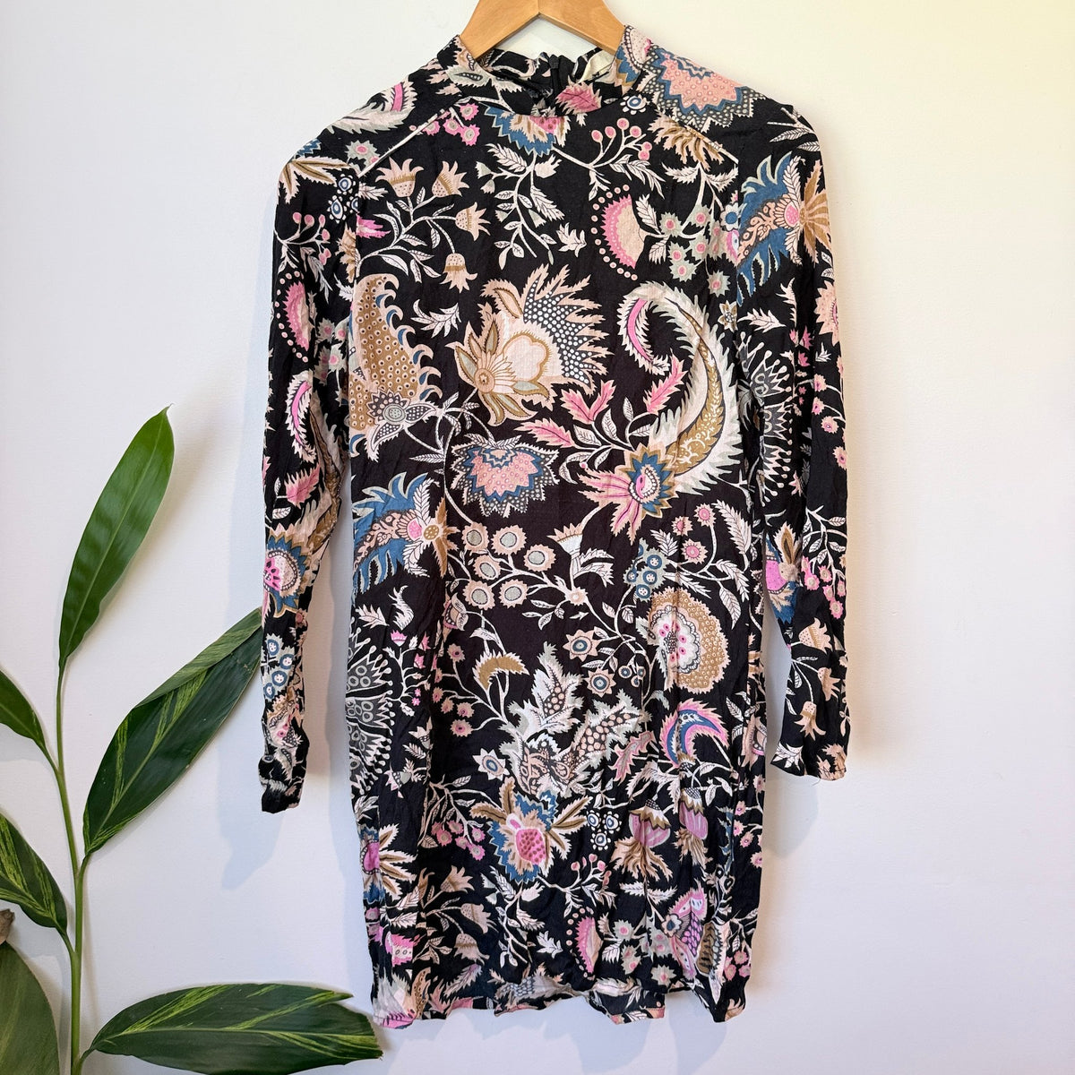 Rolla's Black Paisley Floral High Neck Long Sleeve Mini Dress