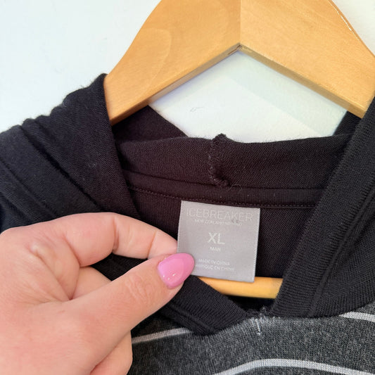 Icebreaker Mens Grey & Black Stripe Merino Hooded Top Size XL