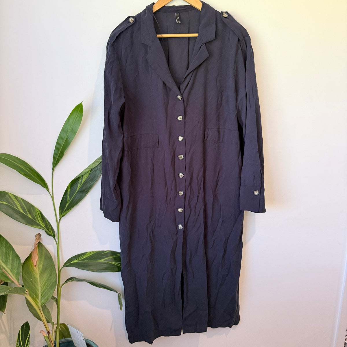 Zara TRF Navy Button Front Maxi Shirt Dress Size L