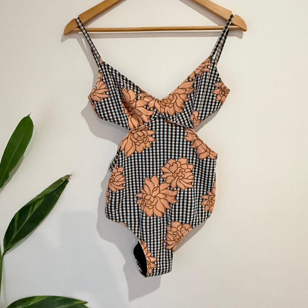 Lonely Size M Gingham Floral Cut Out Swimsuit
