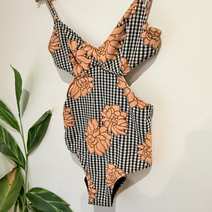 Lonely Size M Gingham Floral Cut Out Swimsuit