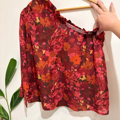 Evolution Size 12 Floral Print Ruffle One Shoulder Top