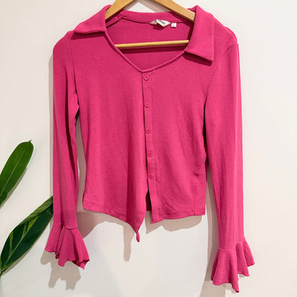Zhoubaizi Pink Asymmetric Button Up Flute Sleeve Top Size XL