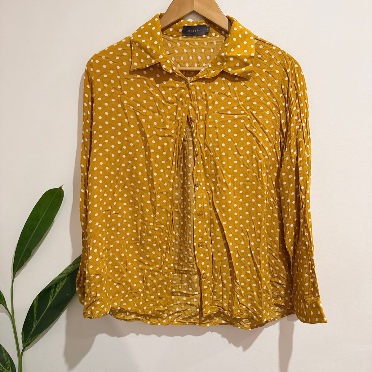 Mirrou Mustard Polka Dot Button Up Shirt Size 14
