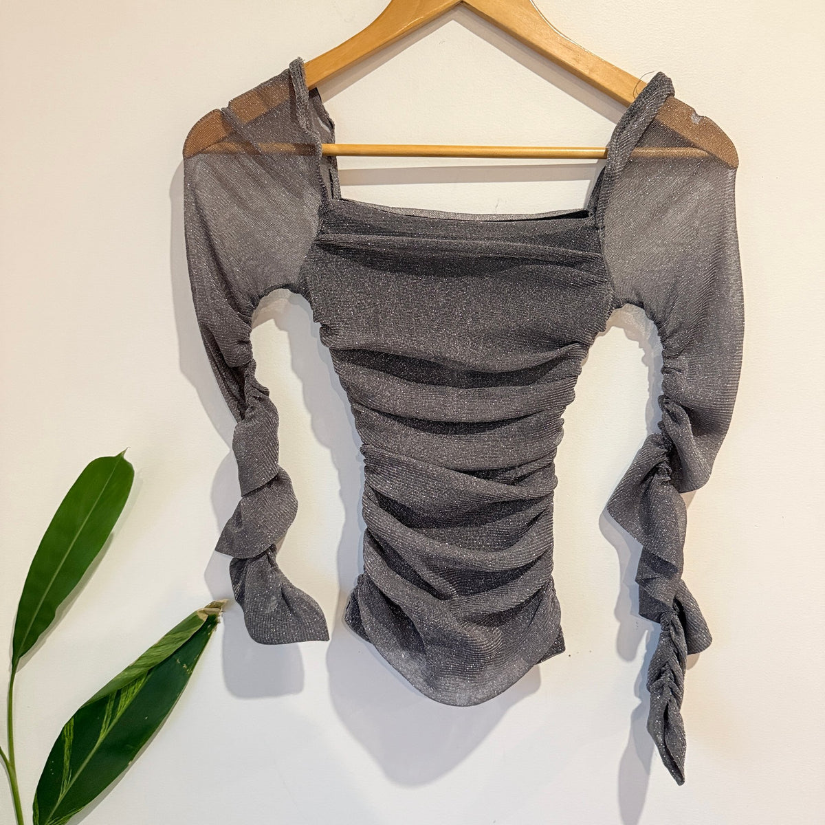 SHEIN Size XS Metallic Mesh Ruched Sleeve Top