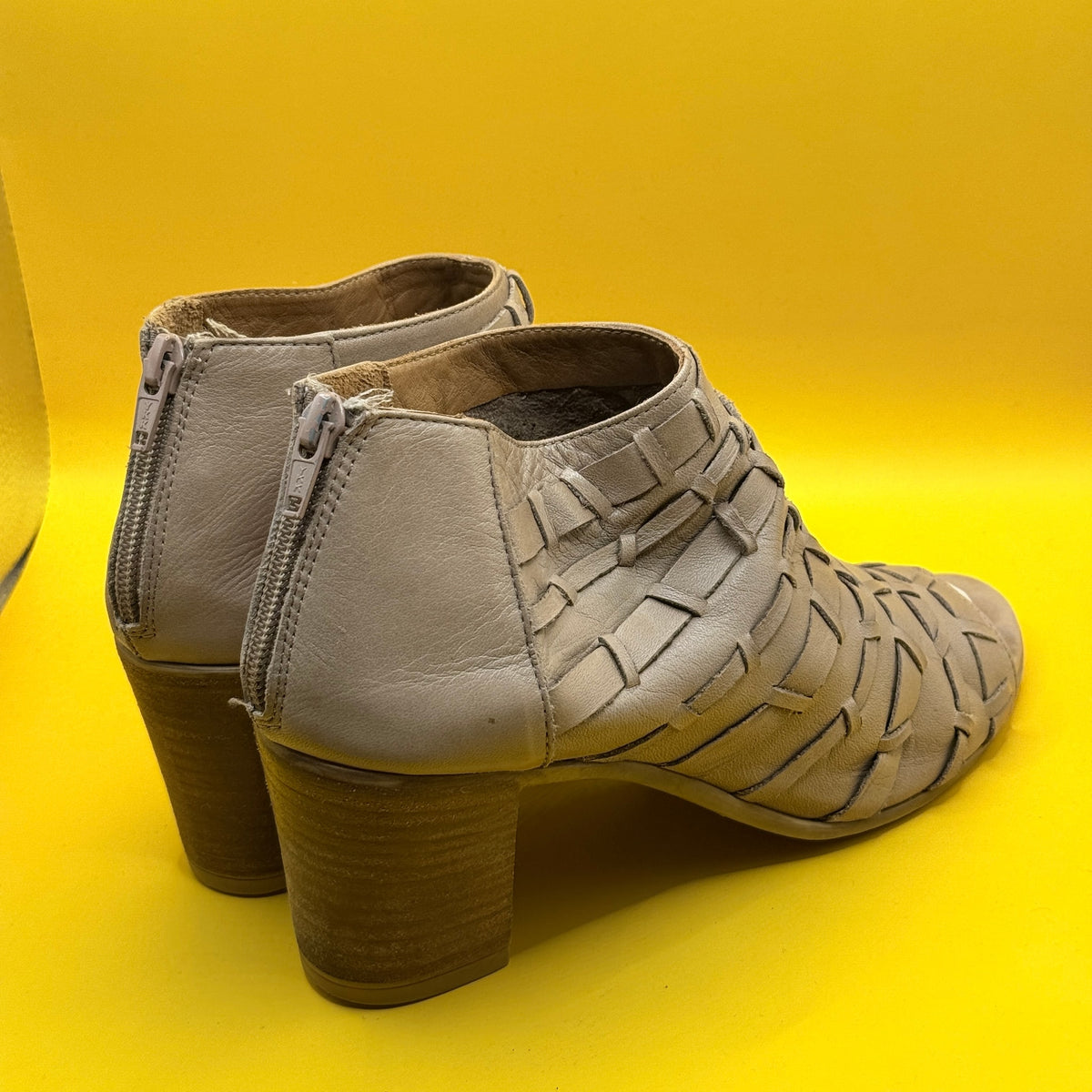 Taupe Woven Peep Toe Heeled Ankle Boots - Size 40
