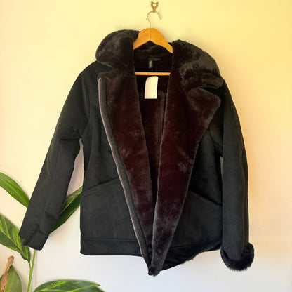 H&M Divided Black Faux Shearling Biker Jacket - Size L