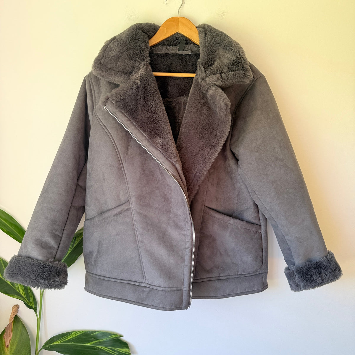 H&M Divided Grey Faux Shearling Biker Jacket - Size M