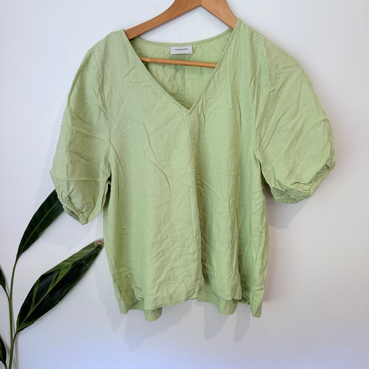 Sussan Size 10 Linen Blend Puff Sleeve V Neck Top