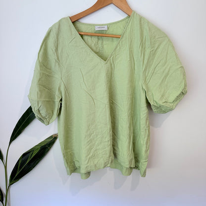 Sussan Size 10 Linen Blend Puff Sleeve V Neck Top