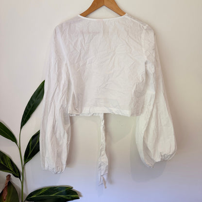 Nelly Size 38 Tie Front Balloon Sleeve Crop Blouse