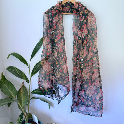 Floral Print Sequin Trim Chiffon Scarf / Wrap