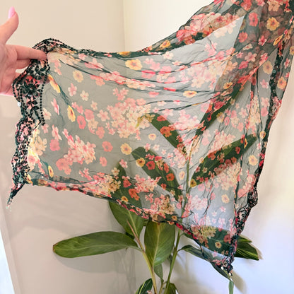 Floral Print Sequin Trim Chiffon Scarf / Wrap