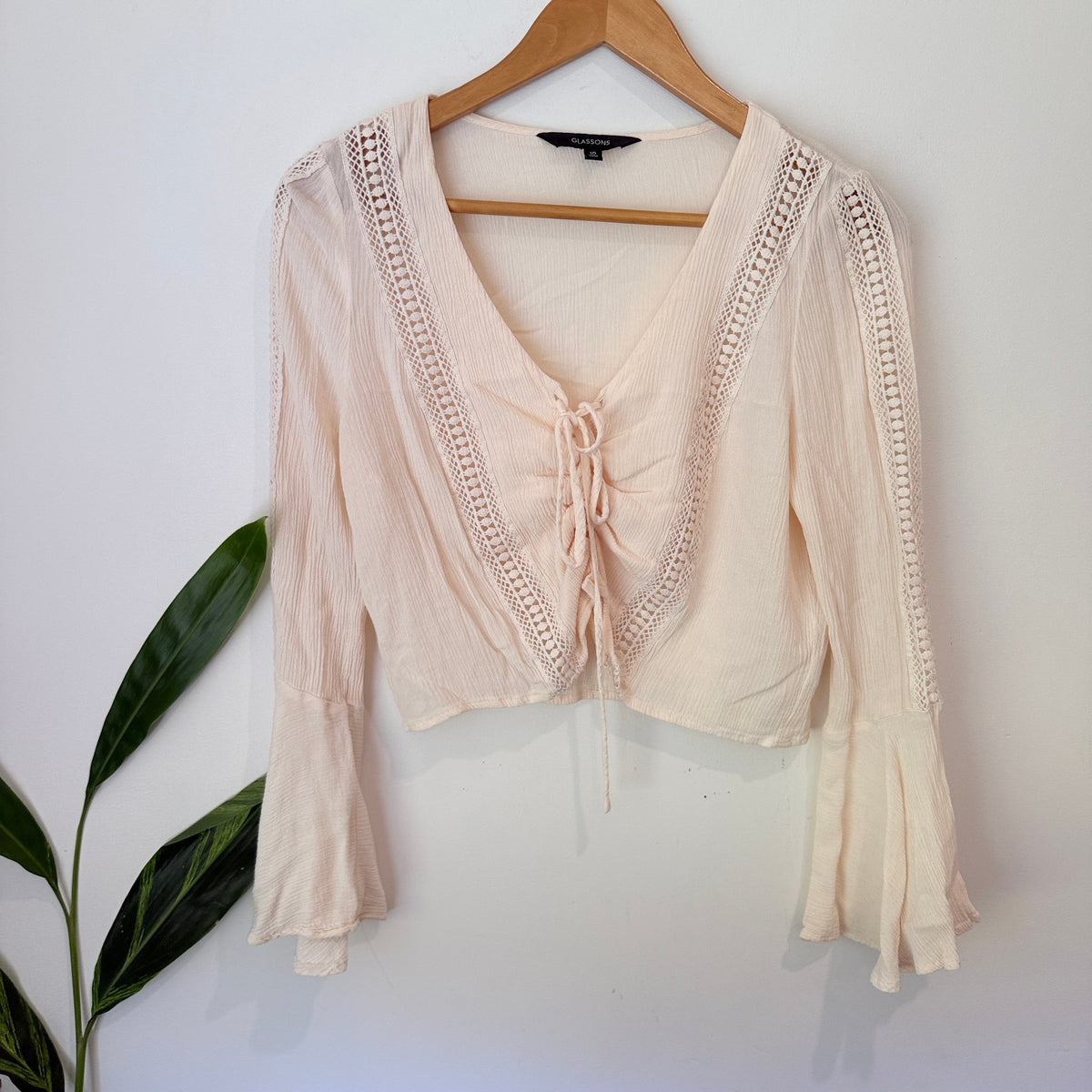 Glassons Size 10 Crinkle Lace Up Bell Sleeve Crop Top