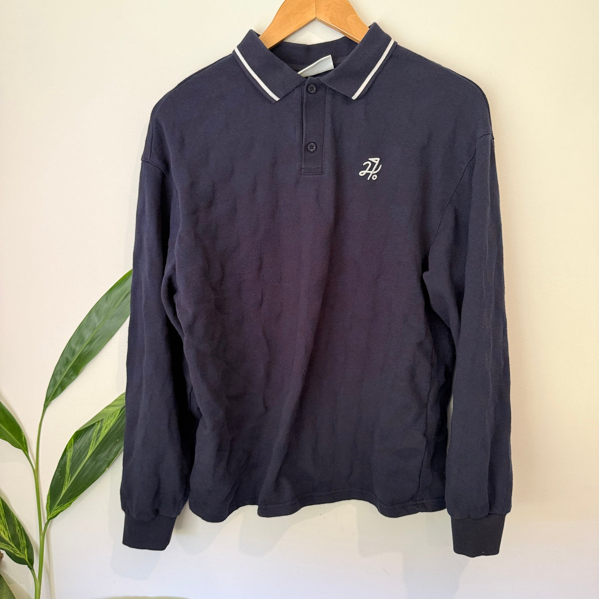 Huffer Size S Textured Check Long Sleeve Polo