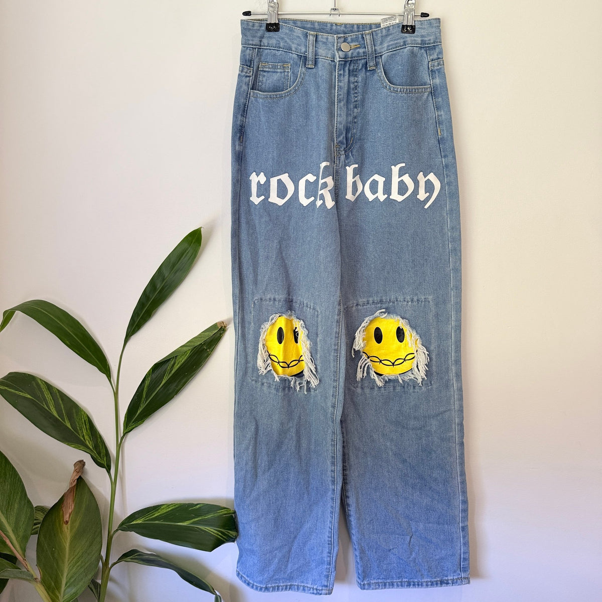 SHEIN Size XS Rock Baby Smiley Patch Wide Leg Jeans