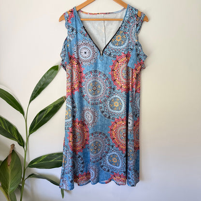 Brand Unknown Size XL Mandala Print Zip Front Cold Shoulder Dress