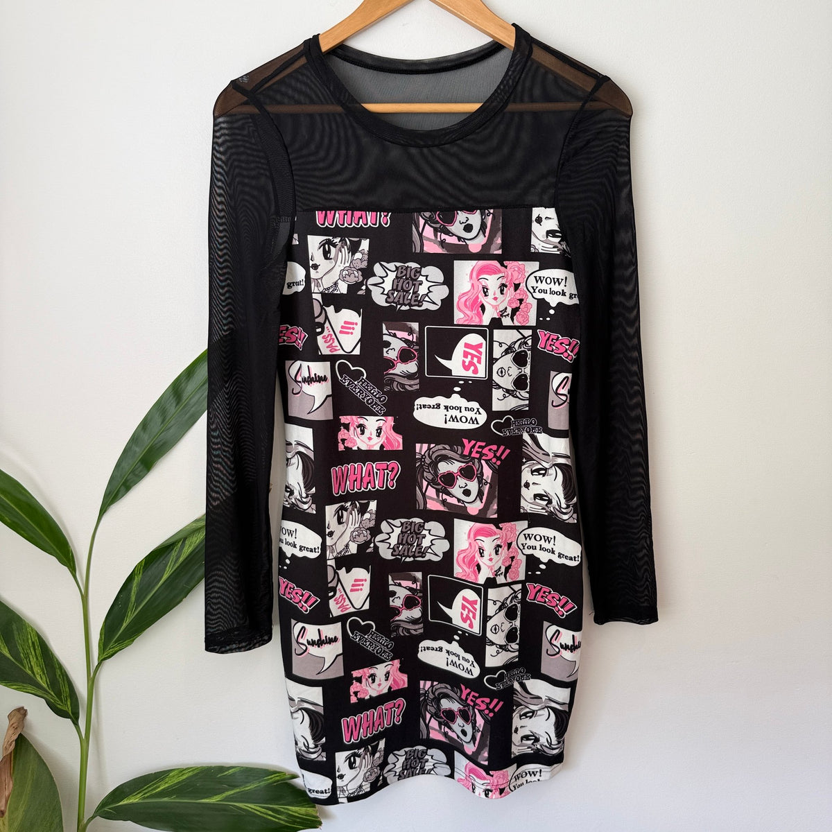 SHEIN Size L Comic Print Mesh Sleeve Bodycon Dress