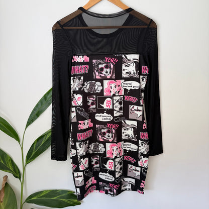 SHEIN Size L Comic Print Mesh Sleeve Bodycon Dress