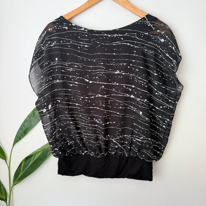 Max Size 10 Splatter Print Chiffon Overlay Banded Hem Top