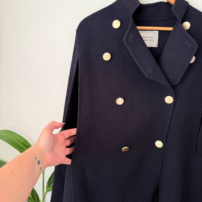 Hunting Beautiful Size M Handmade 100% Wool Double Breasted Cape Coat – Navy