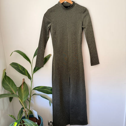 Since Then Size S Metallic Knit Open Back Split Maxi Dress