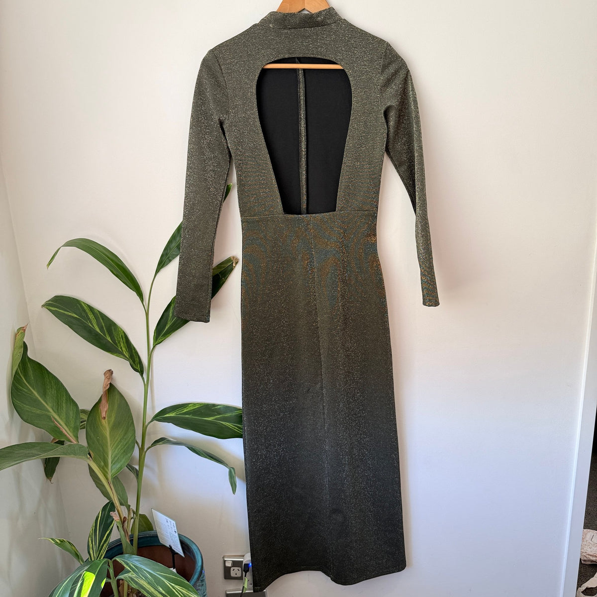 Since Then Size S Metallic Knit Open Back Split Maxi Dress