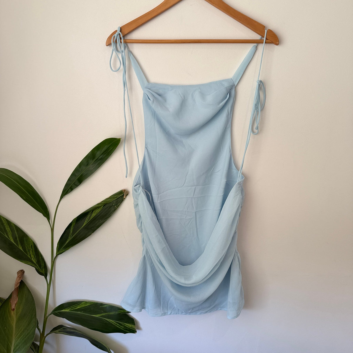 Calli Size 14 Cowl Neck Tie Strap Ruched Mini Dress