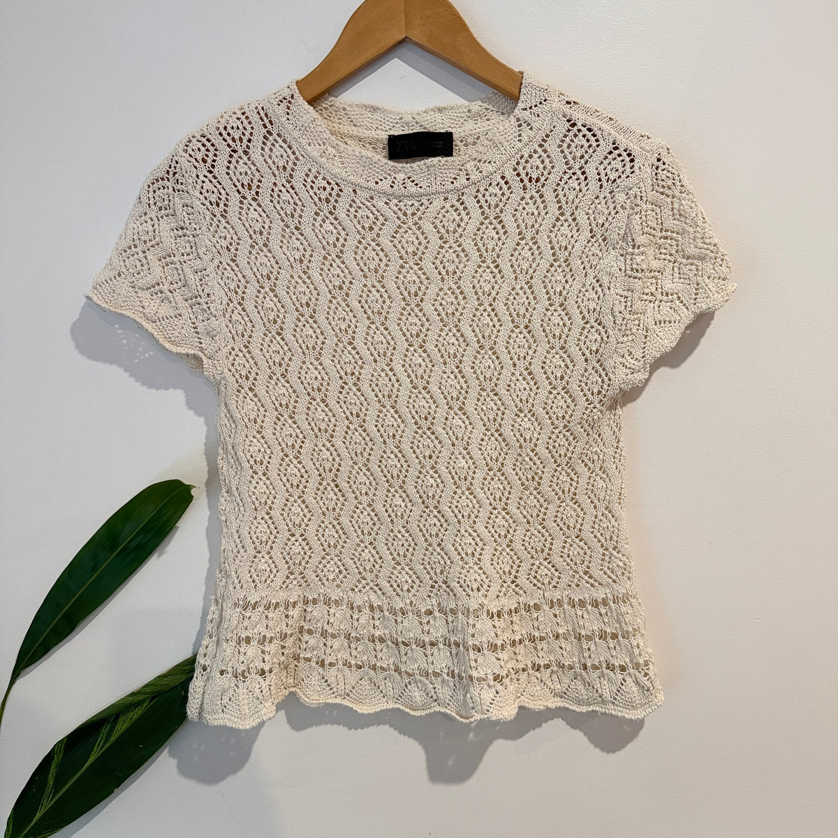 Zara Size S Pointelle Knit Short Sleeve Top