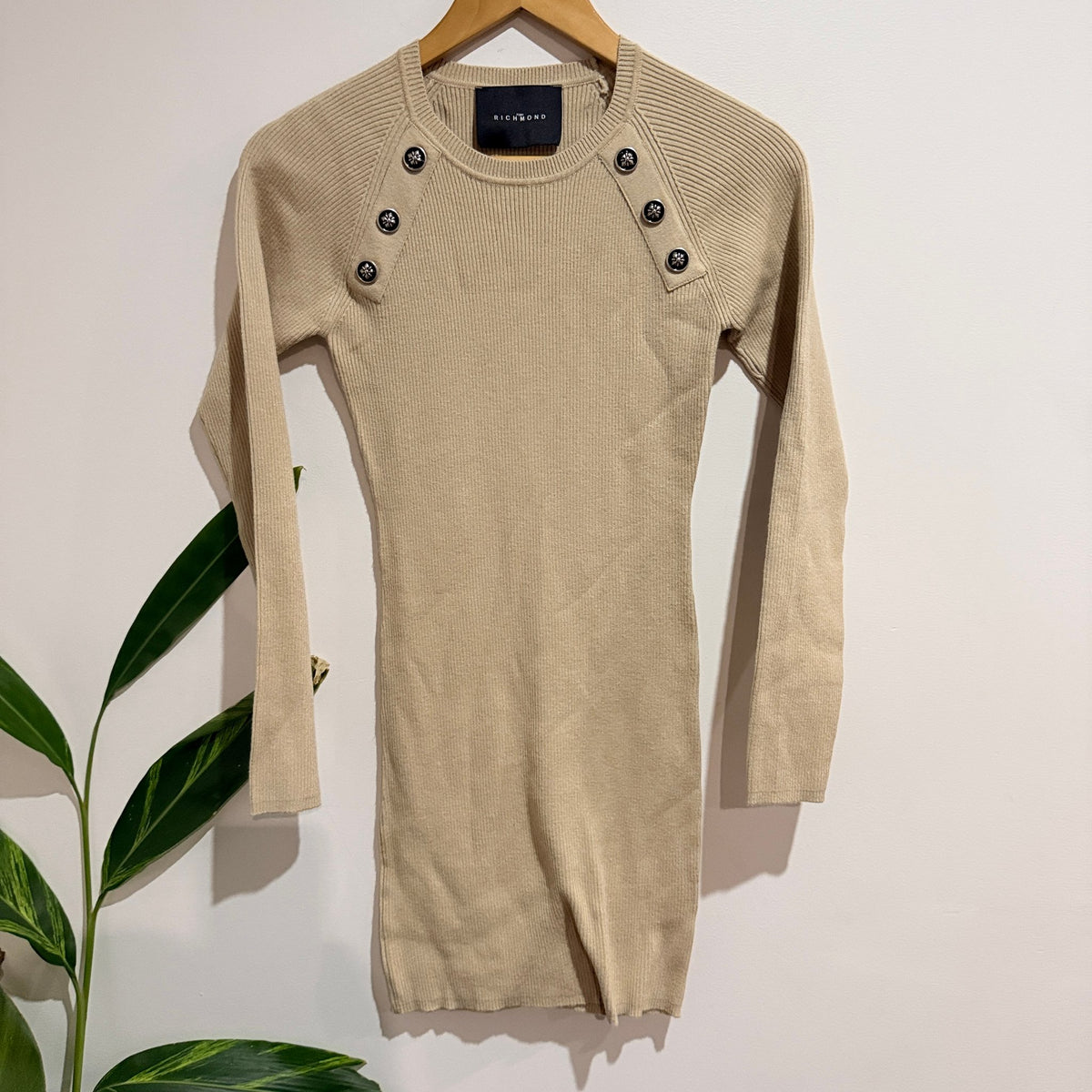 John Richmond Size S Rib Knit Button Shoulder Bodycon Dress