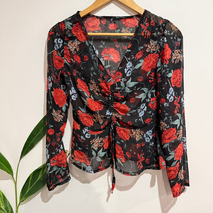 Brand Unknown U/Arm 43cm Floral Chiffon Ruched Tie Front Top