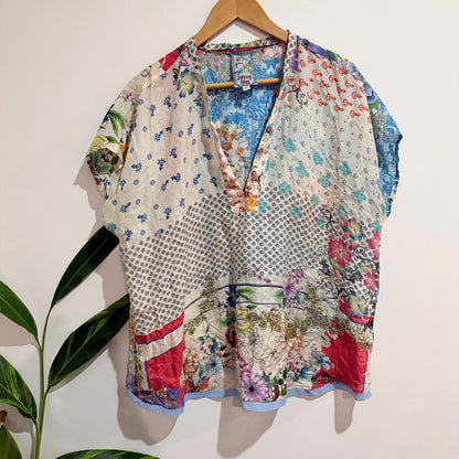 Johnny Was Size S Silk Mixed Print Button Neck Top