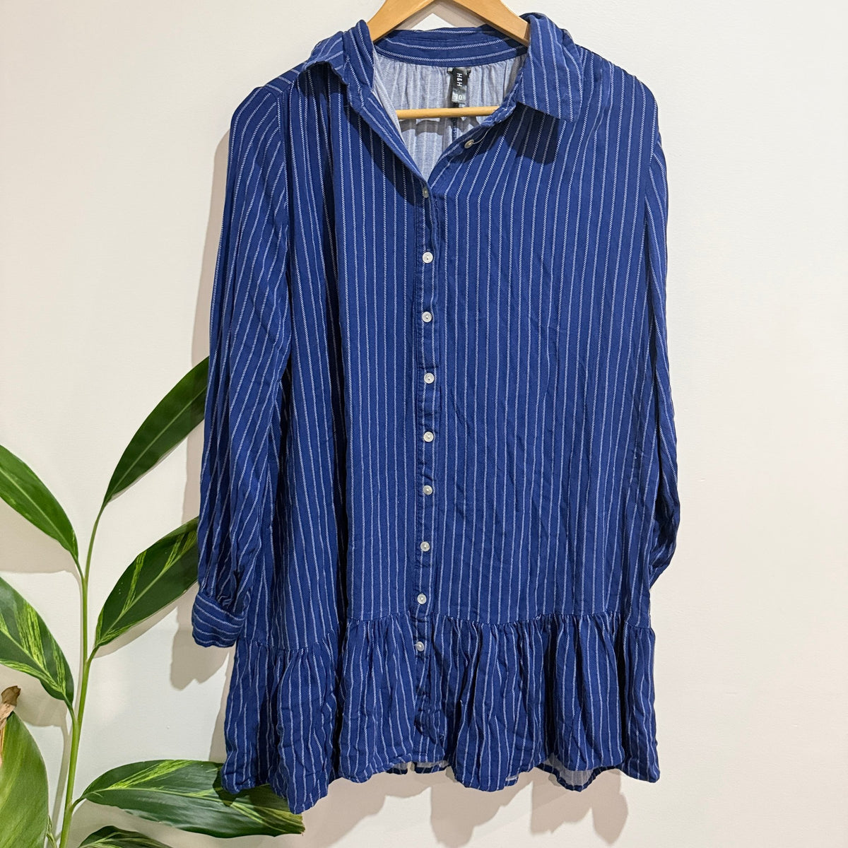 H&H Size 10 Stripe Button Front Ruffle Hem Shirt Dress